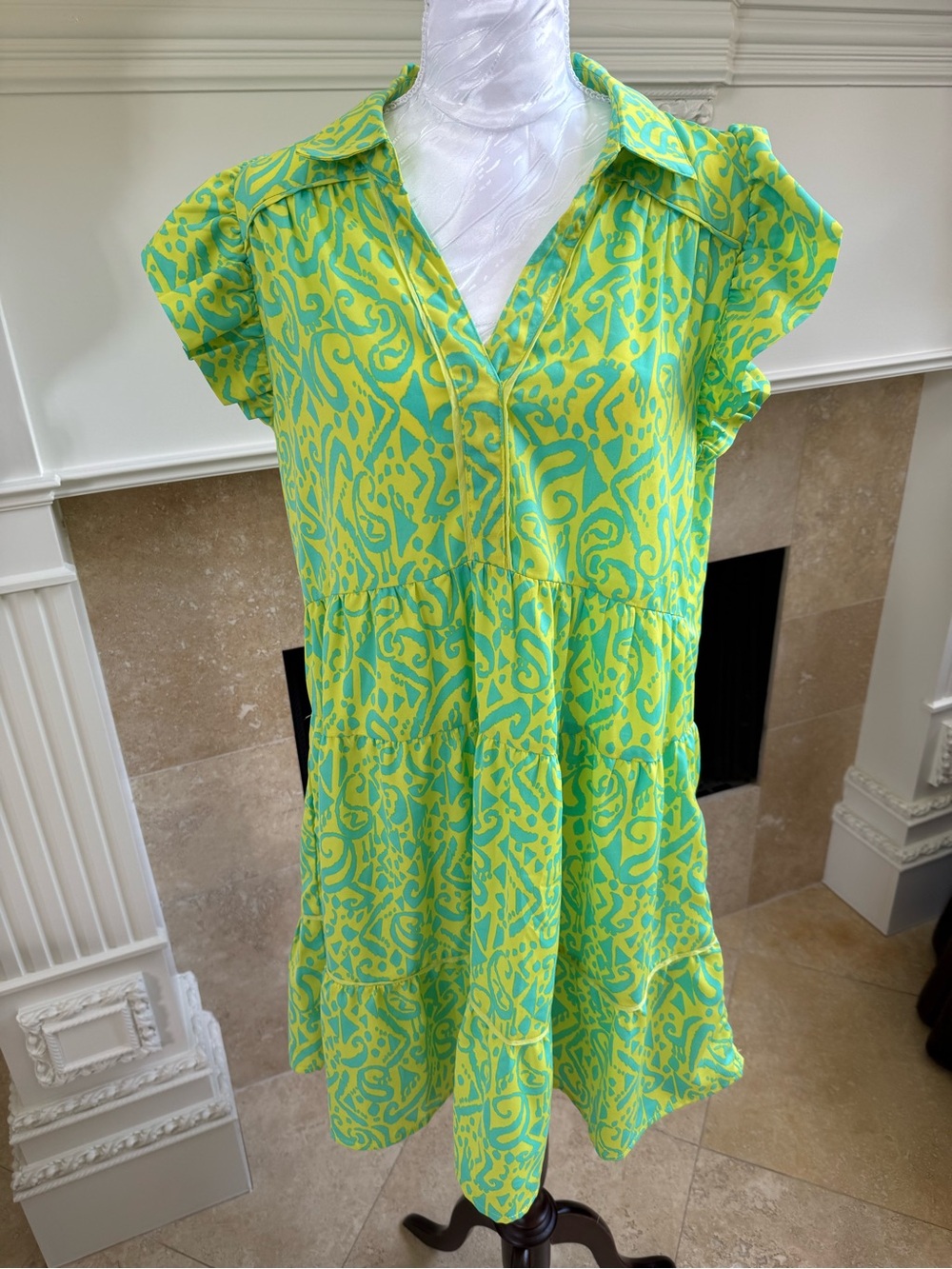 Umgee Lime Green Patterned Tiered Shirt Dress